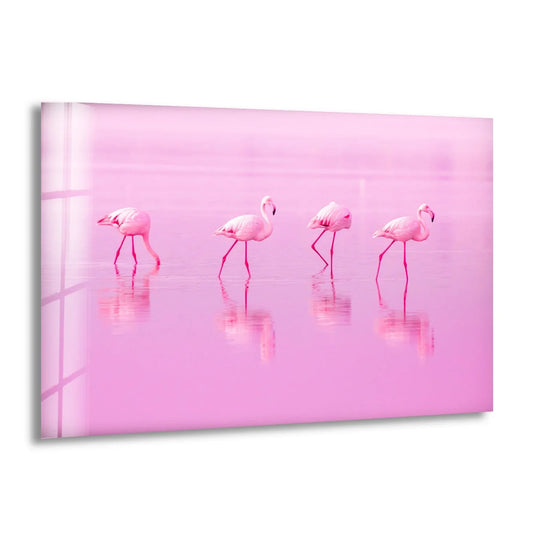 Pink Flamingos glass wall art shows pink flamingos in water and is modern wall decor and unique animal art