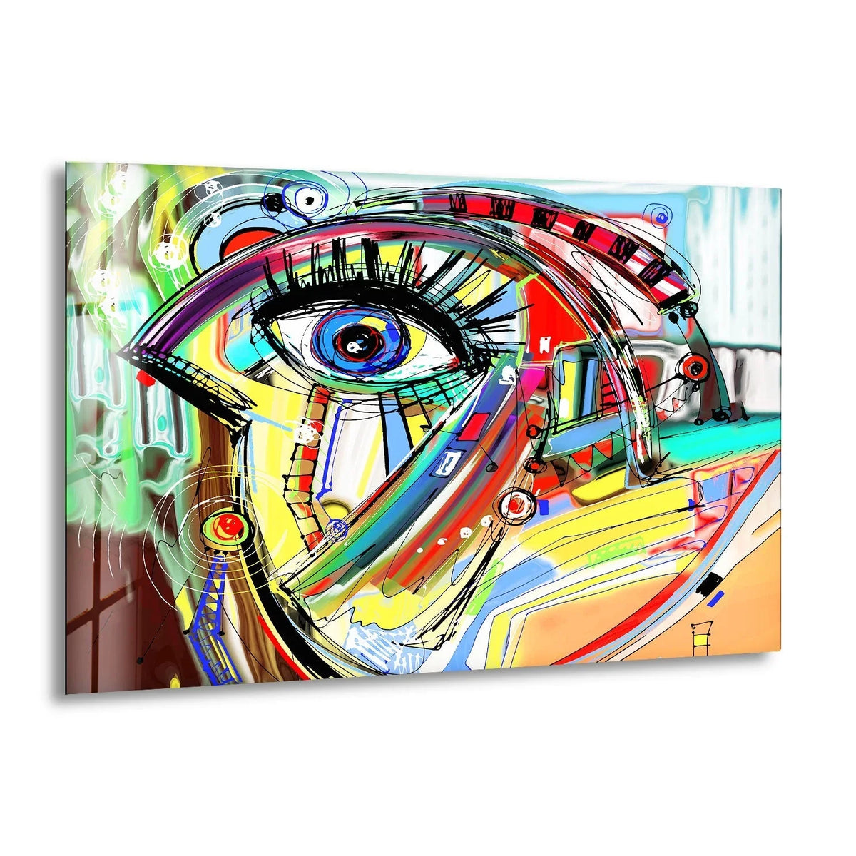 Abstract cubist eye with vibrant colors, part of a Pablo Picasso glass printing artwork.