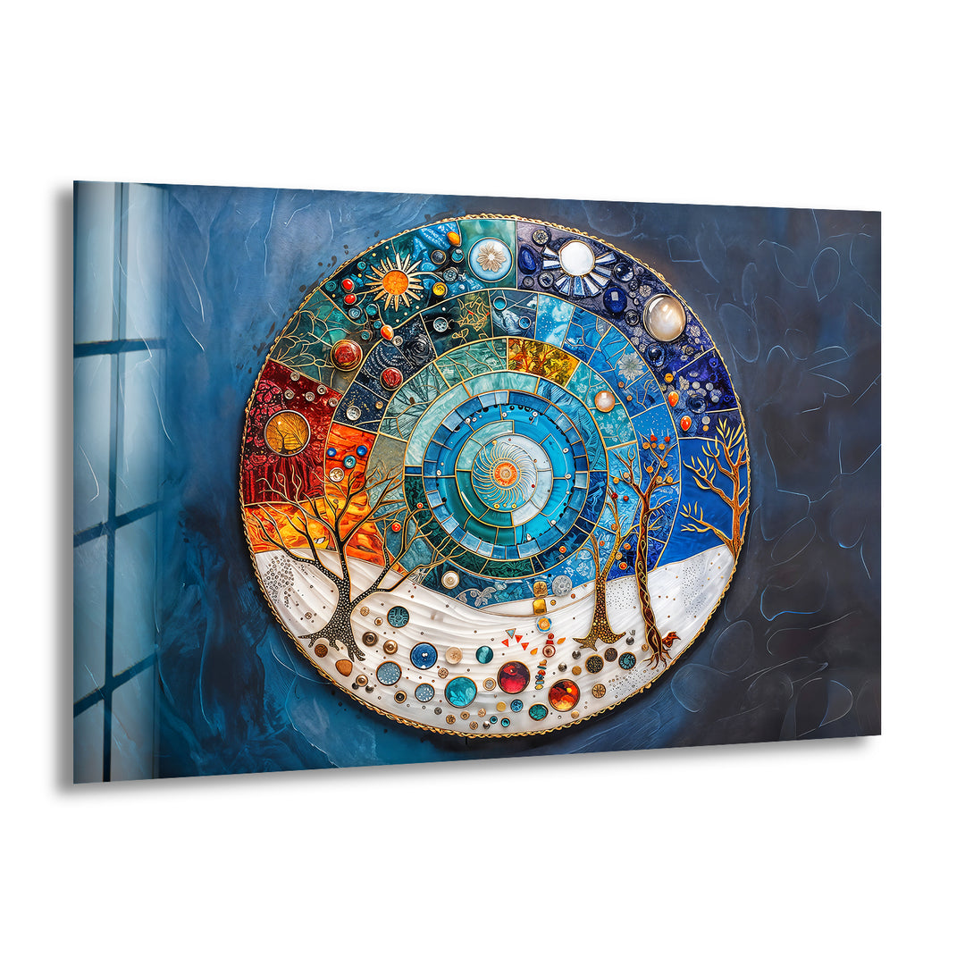 The intricate surface texture of this Cosmic Cycle Mandala glass wall art print reveals smooth glass segments and shimmering, embossed metallic outlines.