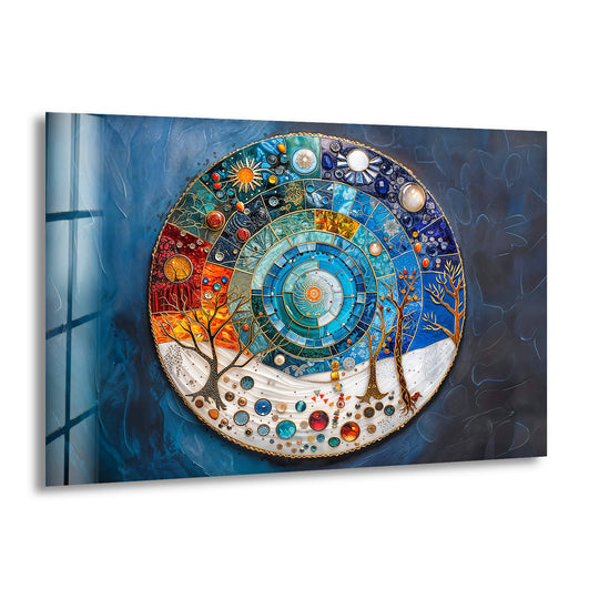 The intricate surface texture of this Cosmic Cycle Mandala glass wall art print reveals smooth glass segments and shimmering, embossed metallic outlines.