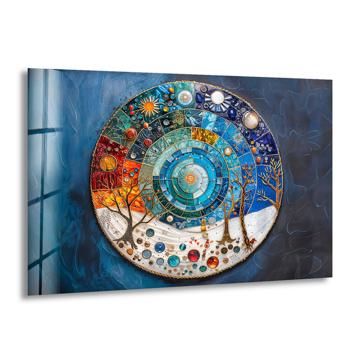 The intricate surface texture of this Cosmic Cycle Mandala glass wall art print reveals smooth glass segments and shimmering, embossed metallic outlines.