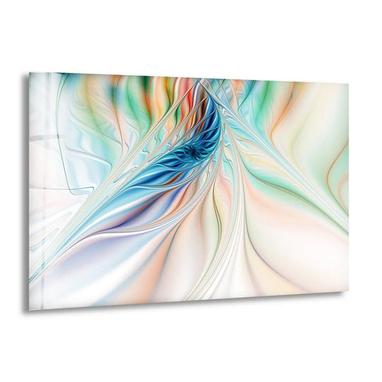 Vibrant blue fractal patterns burst from this abstract glass printing with pastel orange accents.