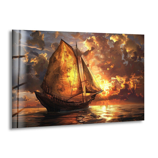 Highlighting the darkest area of this Sail Boat Old glass wall prints is the hull of the ship, contrasted with the luminous sails and dramatic sunset backdrop.