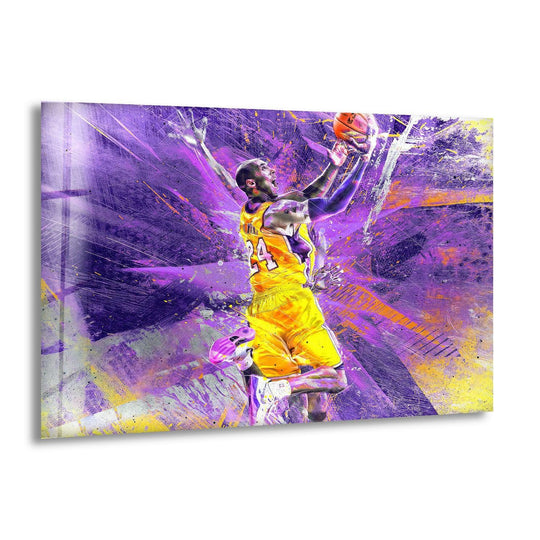 Kobe Bryant leaps for a shot in this sports themed glass wall art and the purple and yellow hues add energy for basketball wall decor