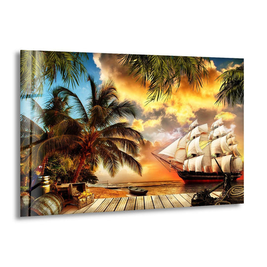 The stillness of the tropical paradise captured on glass printing shows the calm sea meeting the golden sunset with a pirate ship anchored near the wooden dock.