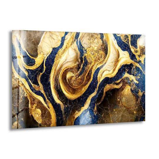 Exquisite gold and navy abstract glass art features a sleek, polished edge showcasing its luxurious marble design.