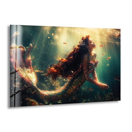 This vibrant print wall art showcases a mermaid with rich, saturated colors and a shimmering, iridescent tail in an underwater scene.