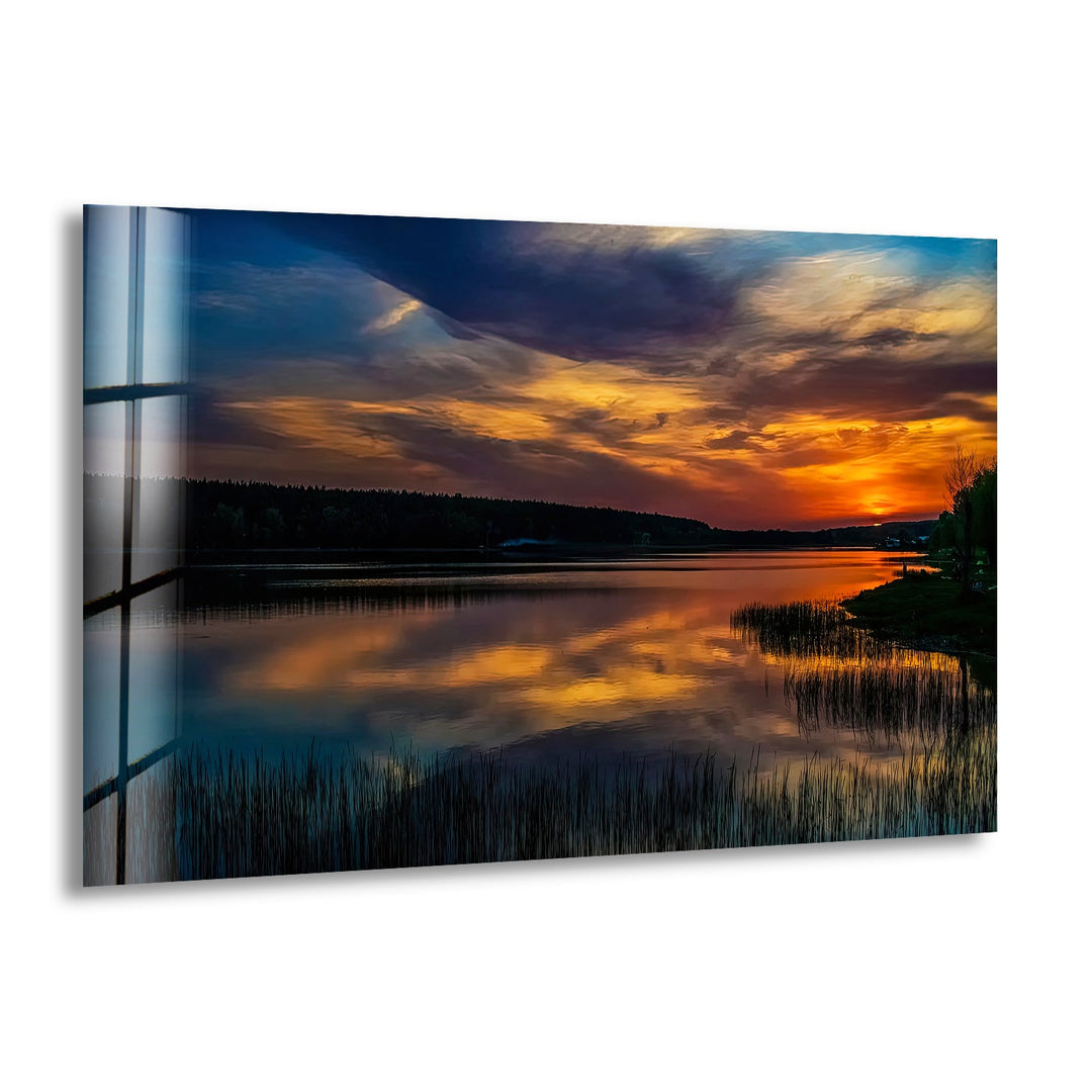 Golden Twilight Reflection: A mesmerizing artwork capturing the tranquil beauty of a sunset, reflected on calm waters. A perfect addition to any room.

