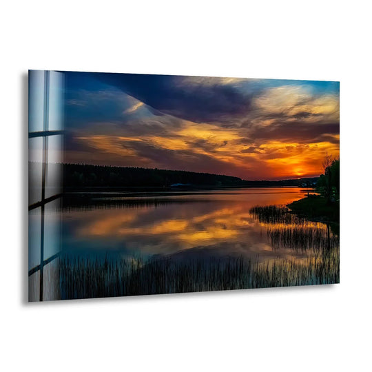 Landscape glass wall art golden twilight reflection featuring a serene sunset scene and tranquil lake view and modern interior decor