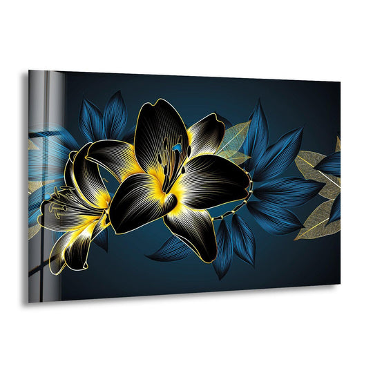 This dark abstract glass wall artwork features a striking color contrast between vivid yellow and black lilies and deep blue leaves.
