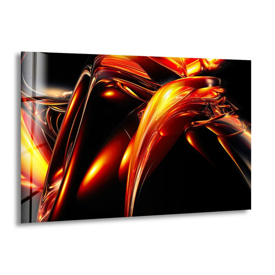 Abstract glass wall art featuring a horizontal orientation of glowing orange and black molten shapes.