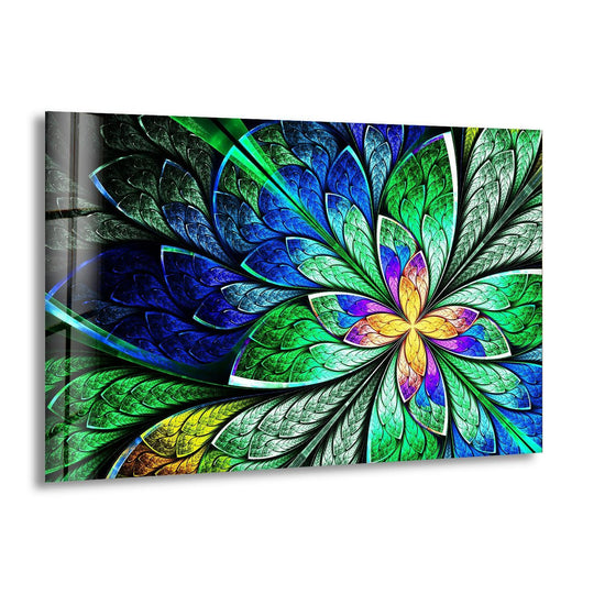 Evoking a serene and ethereal mood, this fractal glass wall artwork features a mesmerizing stained-flower design.