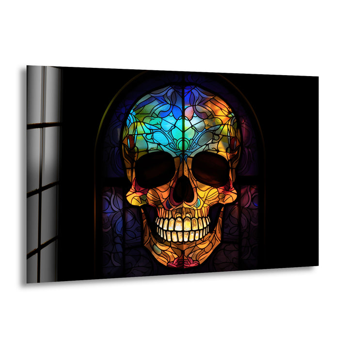 Gotischer Totenkopf Buntglas Wandkunst – Dunkles ästhetisches Fensterdesign, ausgefallene Wohndekoration 