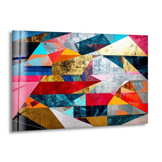 Minimalist geometric figures glass wall art features a vibrant abstract mosaic of triangles and rectangles.