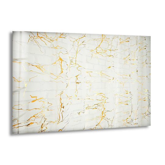 Minimalist white marble glass wall art with delicate gold vein home decor, emphasizing negative space.