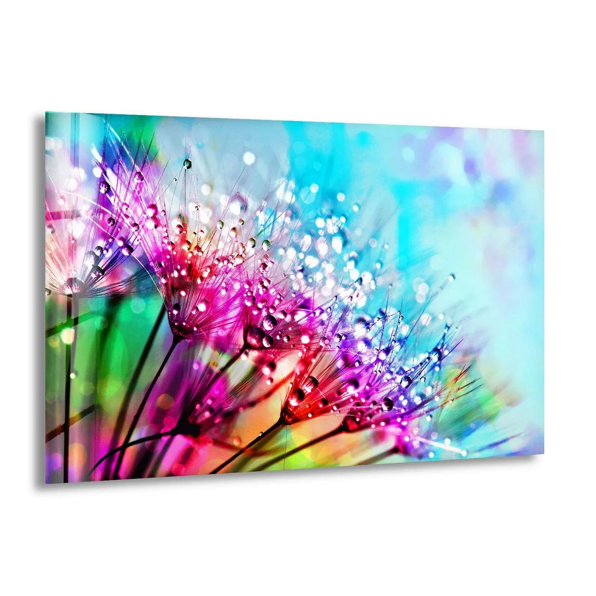A close-up of a dandelion's seed head, covered in dew drops, reflects vibrant rainbow hues on its smooth glass surface, enhancing home decor.