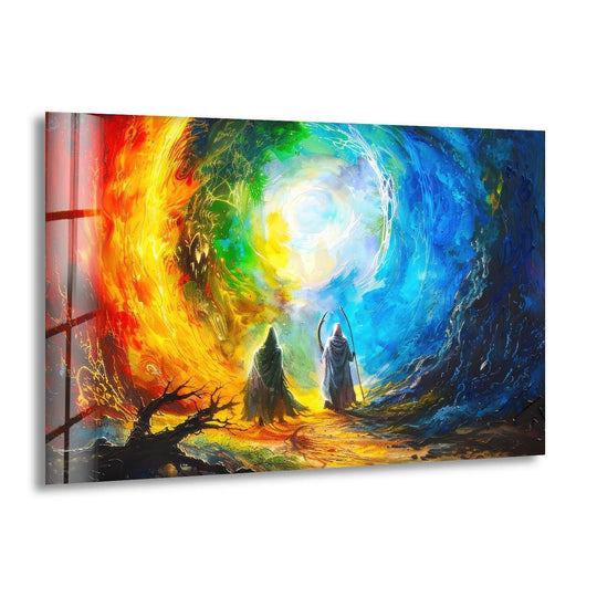 Mystical wizards stand amidst swirling, layered vortexes of fiery orange and cool blue glass art, evoking a profound sense of depth.