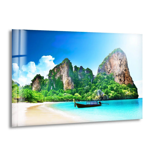 The layering effect in this Phuket Tropical Island glass decorative wall art enhances the depth of the turquoise water and verdant cliffs.