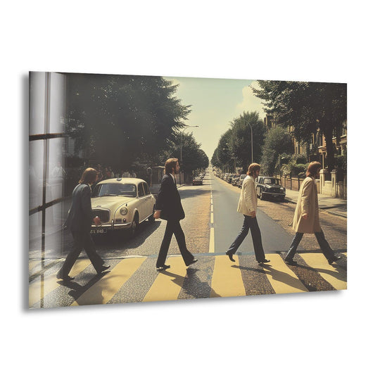 The stillness of the vintage crosswalk street scene captures the iconic moment in this glass hanging wall art.