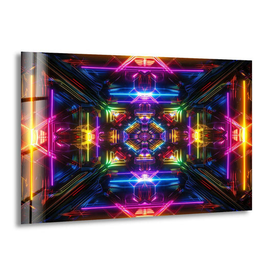 Intense neon lights create a dazzling tunnel of shadow and light, a vibrant spectacle in this best glass art.