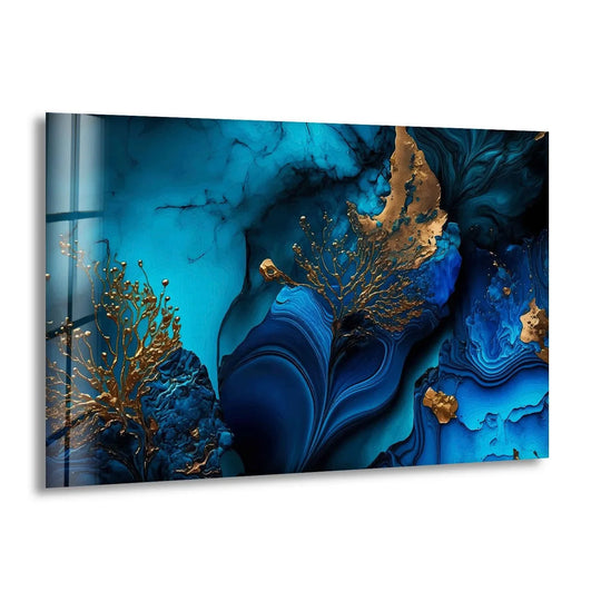 The flowing sapphire and teal liquid marble glass art creates a mesmerizing visual rhythm with shimmering gold accents.