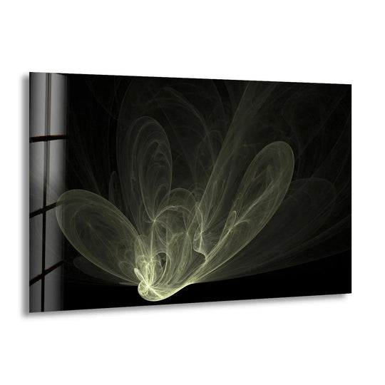 Ethereal light and shadow dance across this fractal xray flower glass printing, evoking a luminous bloom against a dark background.