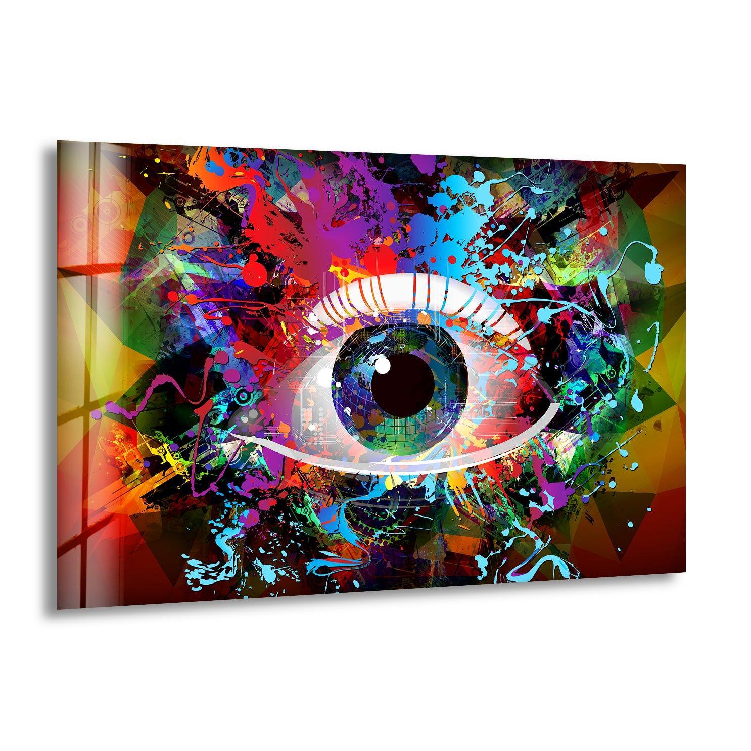 Vibrant abstract art featuring a layered eye and splattered paint effects, perfect for tempered glass wall art.