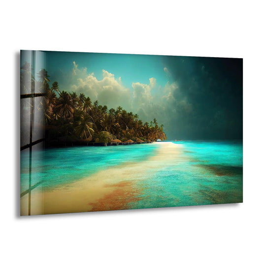 Tropical beach paradise glass wall art featuring turquoise waters and palm trees.
