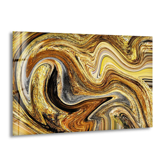 Landscape rectangular glass wall art featuring a dynamic, swirling gold marble pattern for home decor.