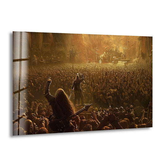 The brightest area features a heavy metal concert glass art painting with a crowd raising their hands.