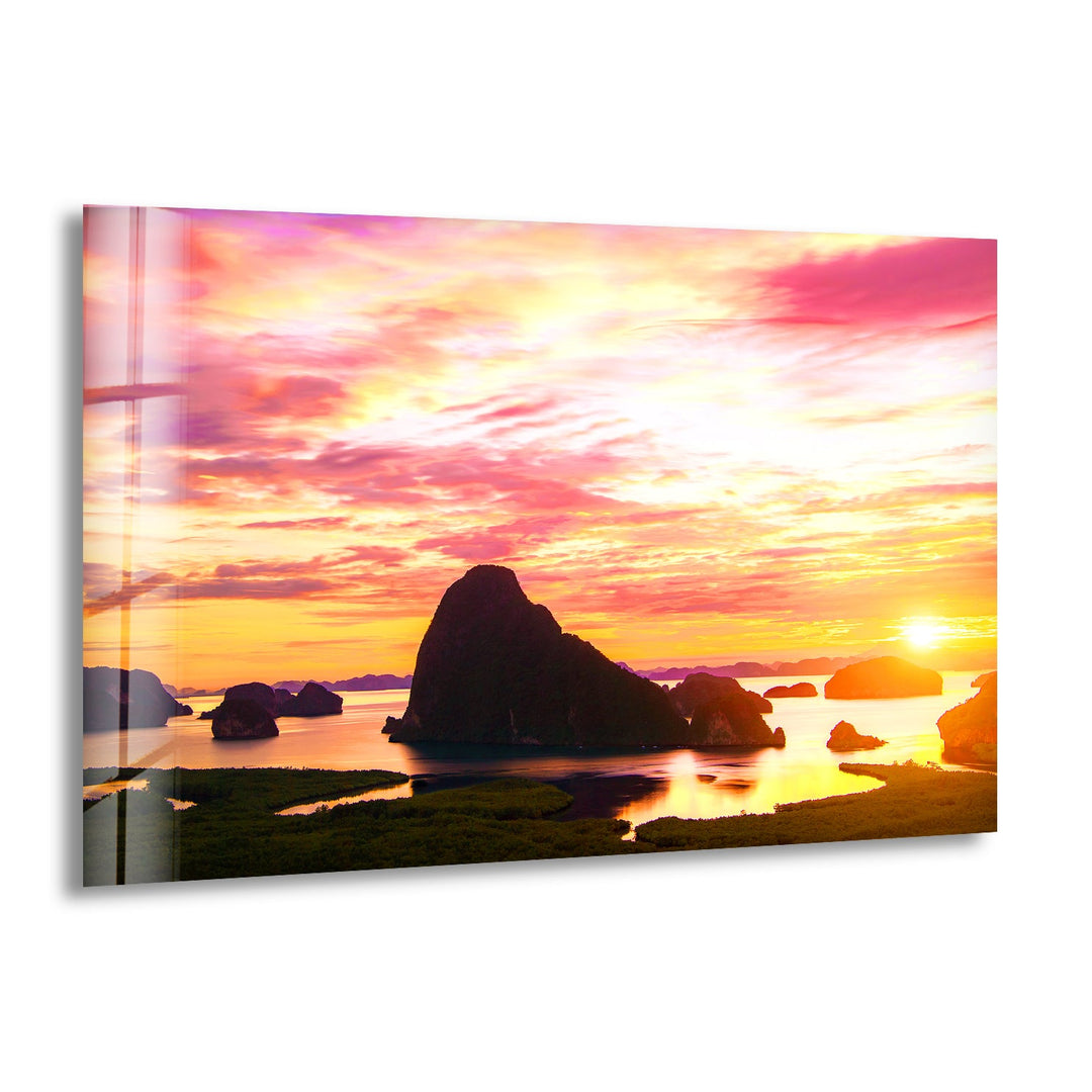 Tropical Sunset Over Limestone Islands Glass Wall Art – A Captivating Seascape
