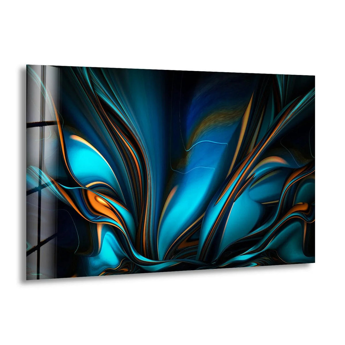 Brightest turquoise and orange hues glow within this striking abstract glass wall art, showcasing the best glass art.