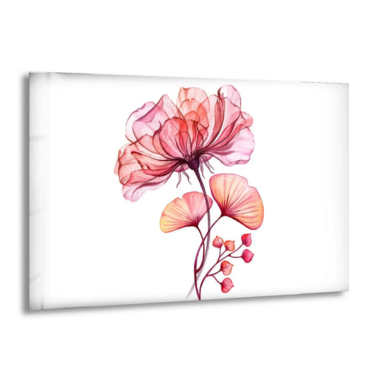 Delicate watercolor pink floral glass wall art decor featuring a translucent, layered bloom and ginkgo leaves.