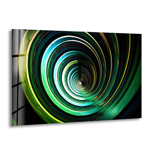 Abstract glass wall artwork with radiating layers of emerald and gold spirals creating a vortex of depth.
