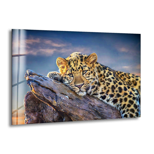 Glass wall art featuring a leopard's intricate fur texture on a textured tree trunk, perfect decorative wall art.