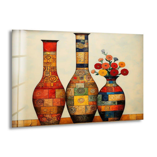 Three decorative vases with swirling, mosaic-like patterns convey a dynamic sense of movement in this vibrant print wall art.