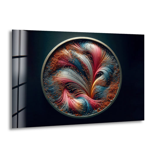 A circular silver frame borders a vibrant abstract fractal design, perfect for your decorative wall art.