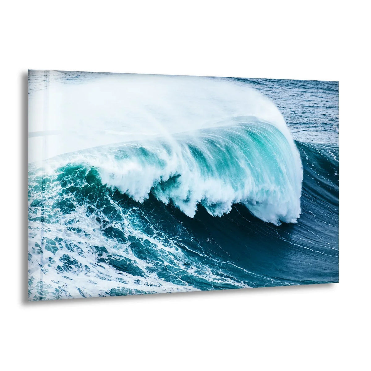 Illustrating the layering effect, this ocean waves landscape hanging wall art on glass showcases a powerful wave, its colors cascading in visually striking layers.
