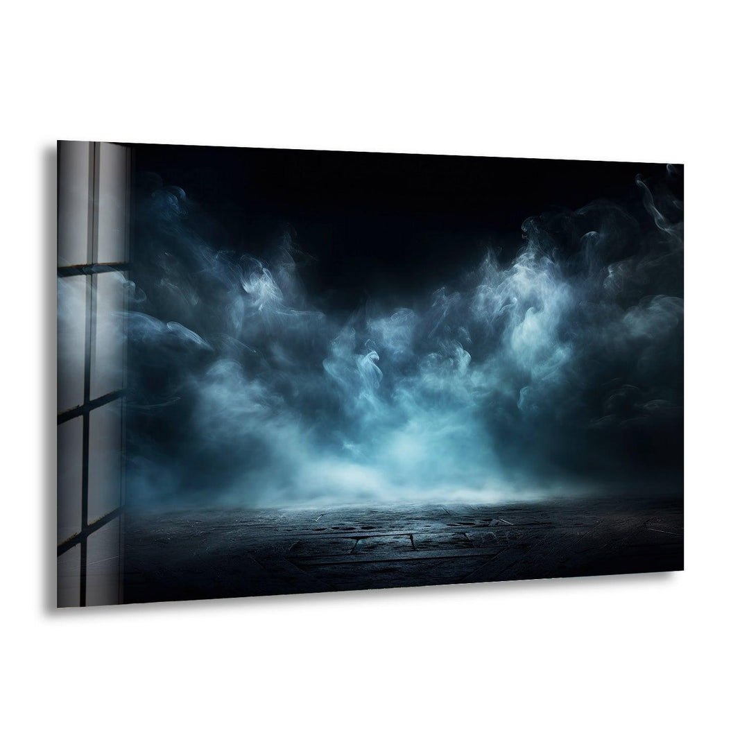 Dark misty landscape with an eerie blue glow, printed on glass wall art.
