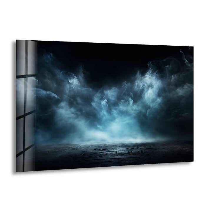 Dark misty landscape with an eerie blue glow, printed on glass wall art.

