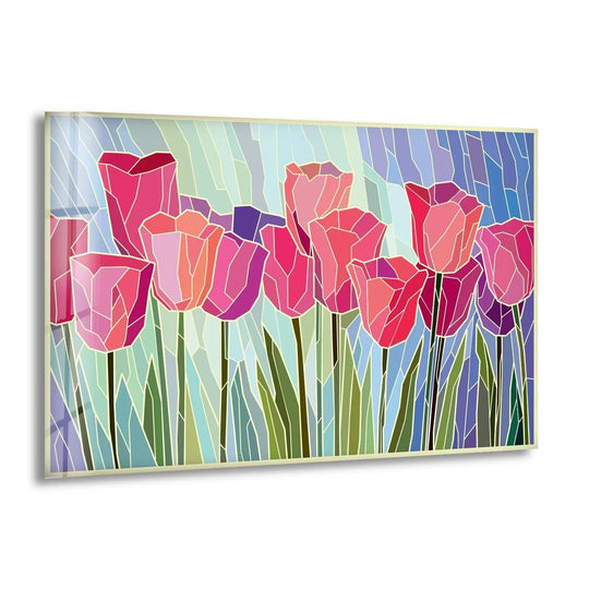 Vibrant pink tulips in a stained glass style create a cheerful and uplifting mood on this hanging wall art.