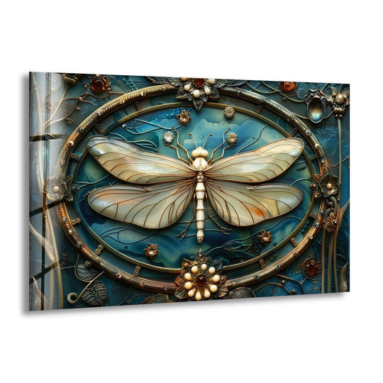 An ethereal white dragonfly, rendered in detailed glass art, floats within a dark, expansive negative space.