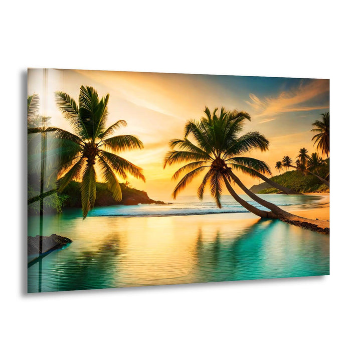 Tropical beach glass wall art featuring palm trees at sunset.
