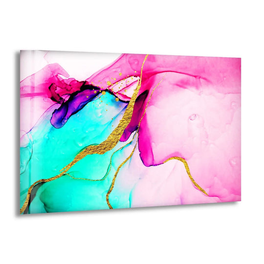A vibrant pink and turquoise abstract glass art painting with shimmering gold accents.