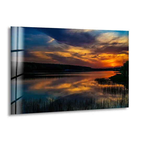Subtle reflections enhance the tranquil lake sunset glass wall art, showing the stunning finish achieved through superior glass printing techniques.