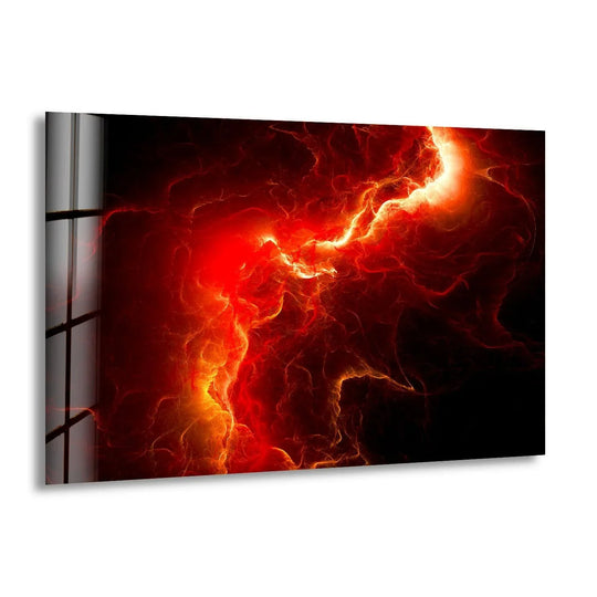 Fiery red and yellow abstract lightning bolts dominate this print wall art with bright energy.