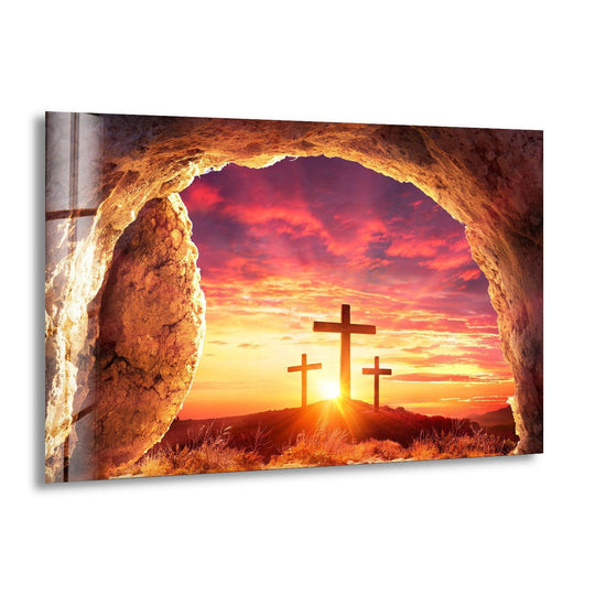 Religion glass wall art with Christian cross and sunset spiritual artwork plus durable tempered glass wall decor