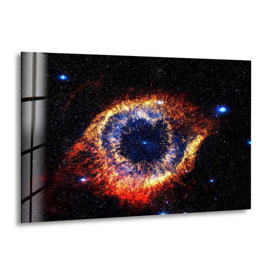 Space Wall Art featuring a Helix Nebula and a galaxy glass wall art print and decor for customizable colorful glass art gifts