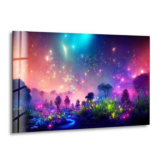 Space Wall Art glossy glass wall art with bioluminescence plants and colorful galaxy sky a decorative space art for wall decor