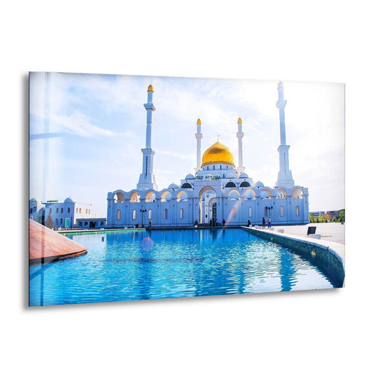 Religion glass wall art featuring the Nur Astana Mosque with a golden dome Islamic serenity and reinforced tempered glass